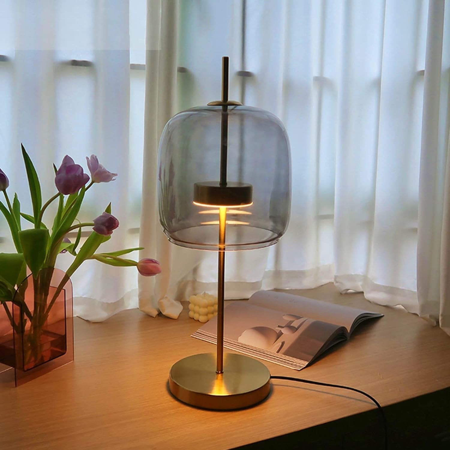 Integrated LED Smoke Grey Stained Glass Table Lamp