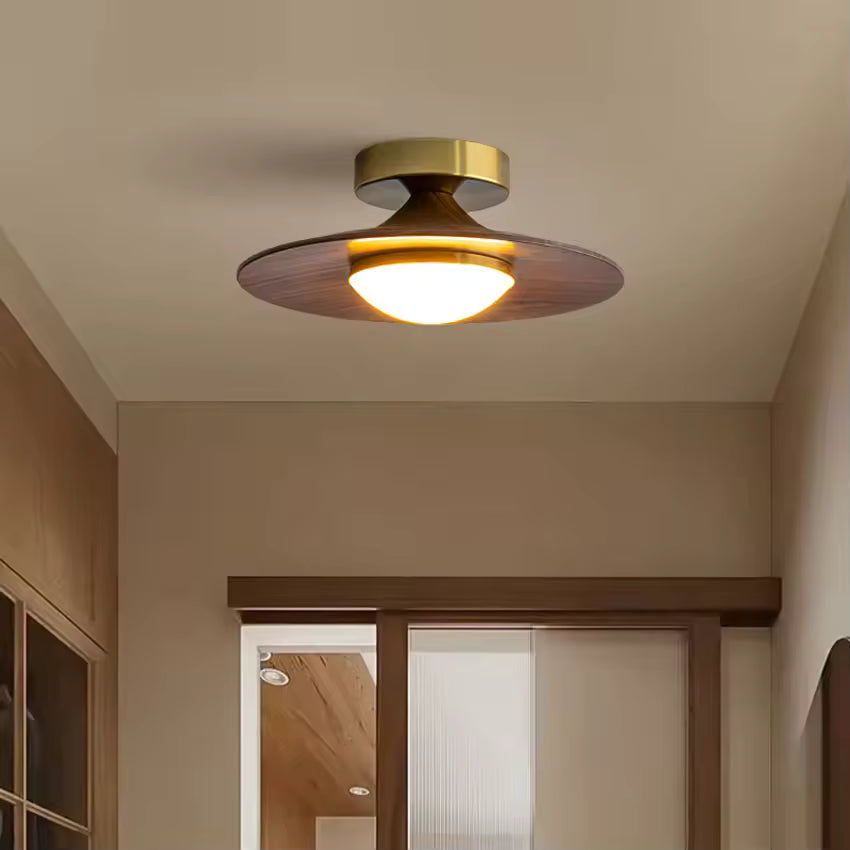 Integrated LED Walnut Wood & Gold Flush Mount Ceiling Light