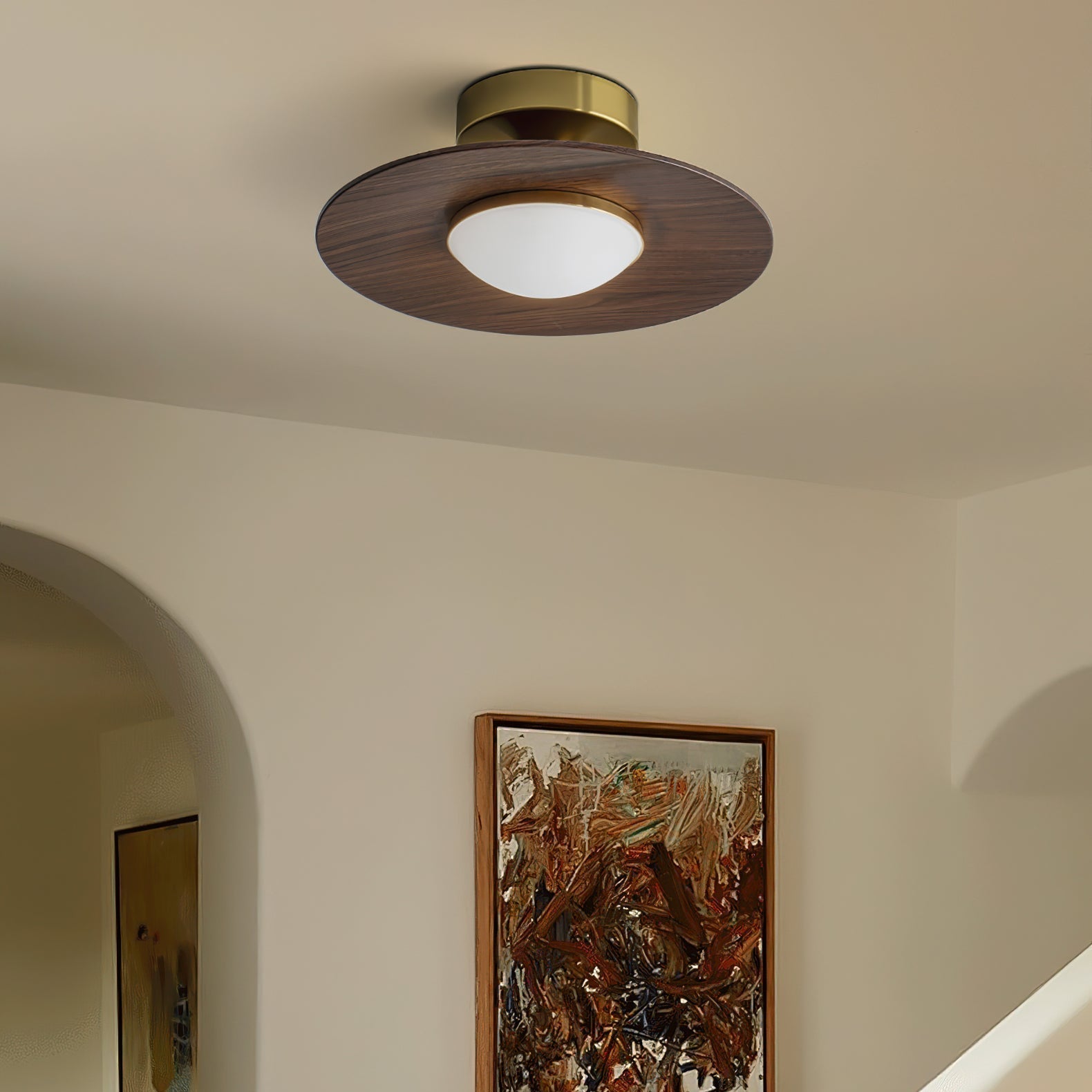 Integrated LED Walnut Wood & Gold Flush Mount Ceiling Light