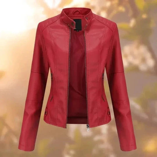 Jacket Genuine Leather Stand-Up Collar & Metallic Accents