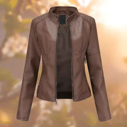 Jacket Genuine Leather Stand-Up Collar & Metallic Accents