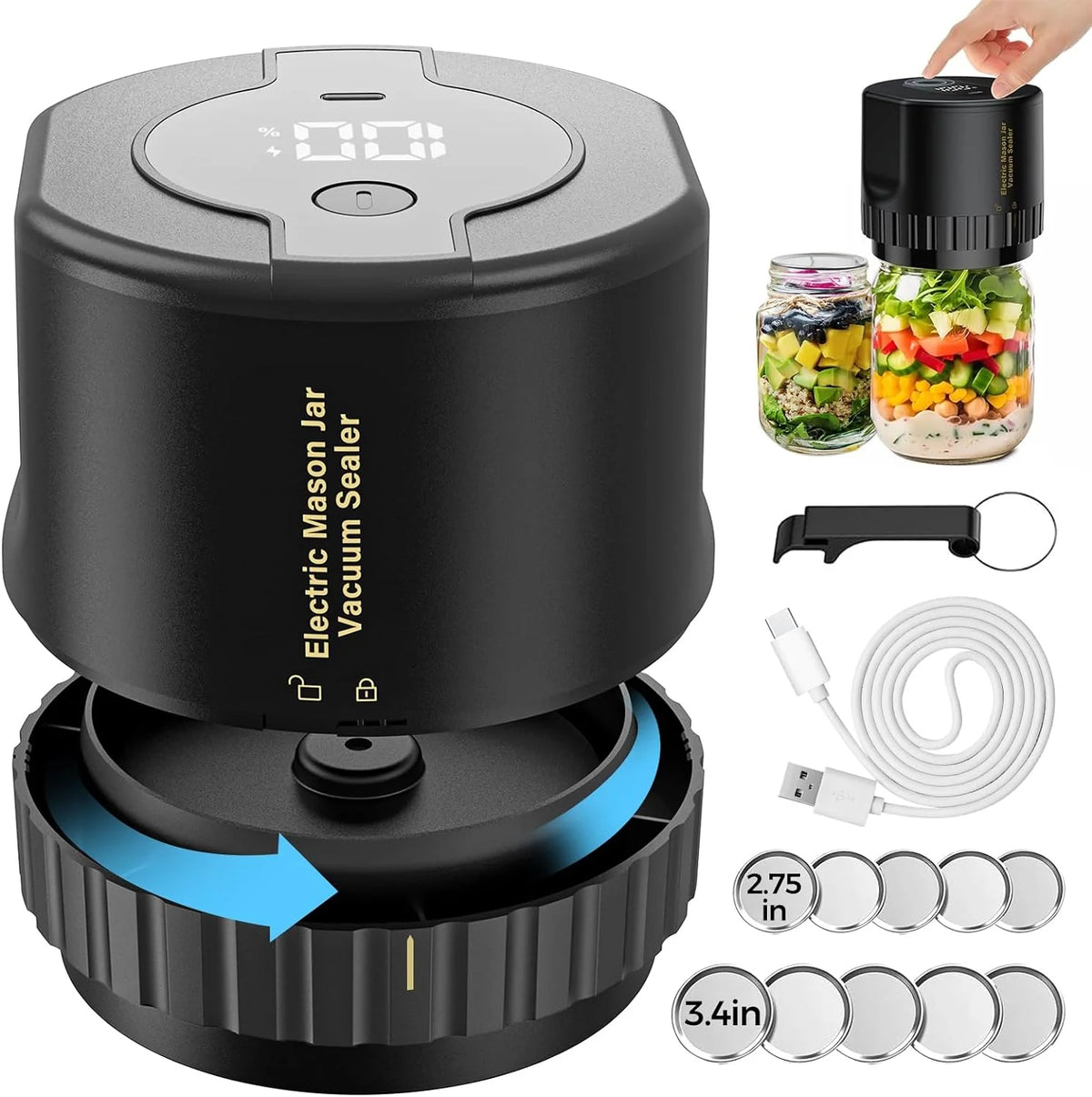 Jar Vacuum Sealer One-Touch Rechargeable Fits 3.4 Inch Jars