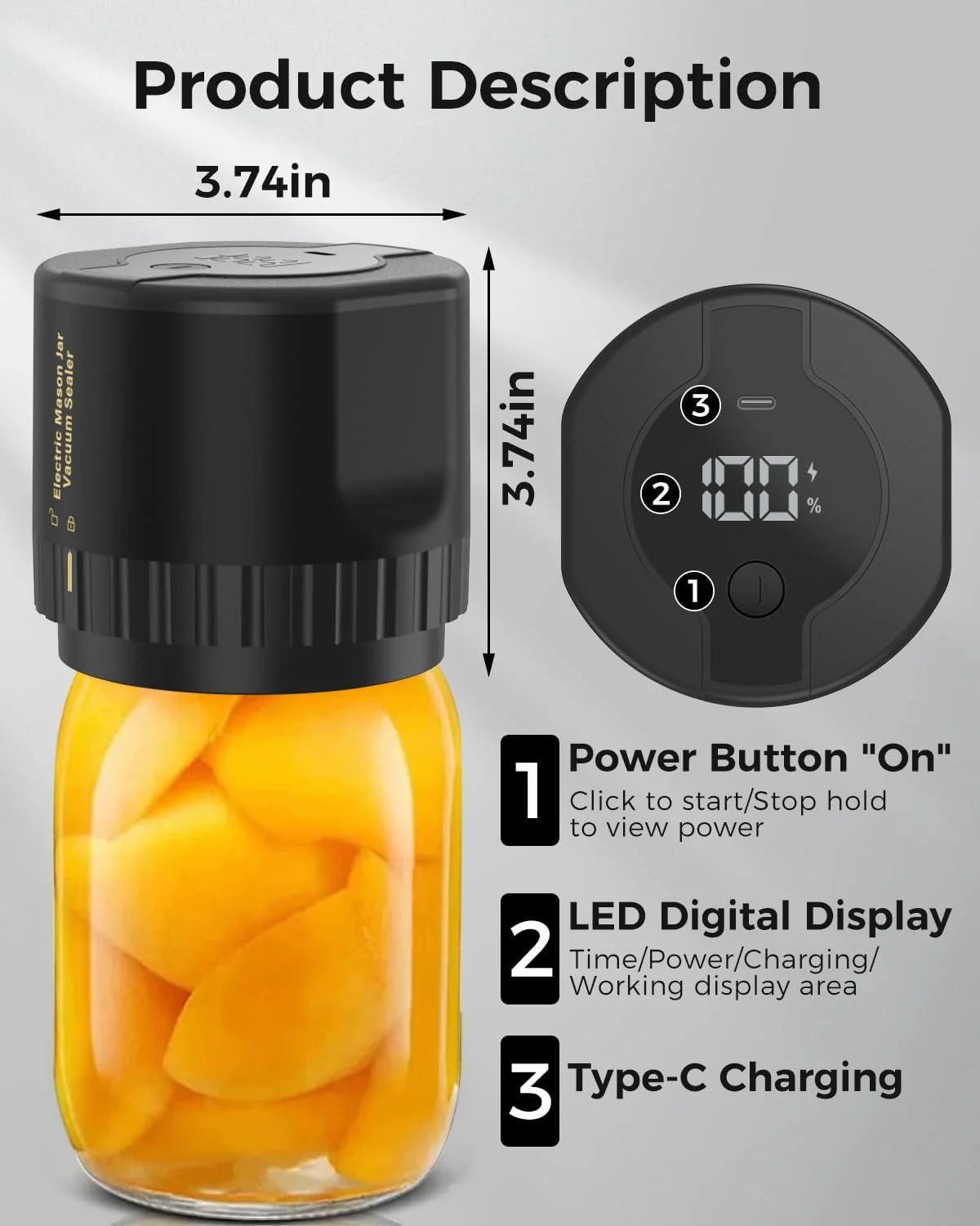 Jar Vacuum Sealer One-Touch Rechargeable Fits 3.4 Inch Jars