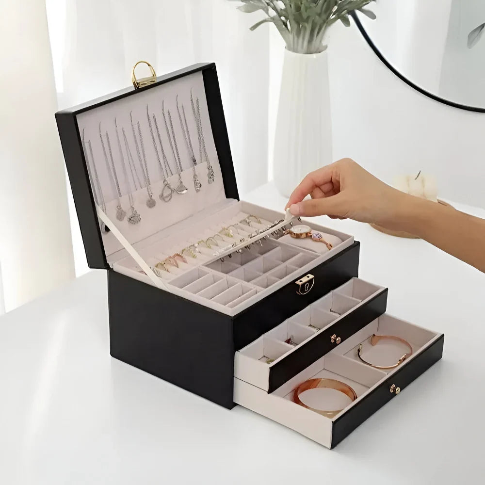 Jewelry Box Leather Multilayer Pull-Out Drawers & Earring Holder
