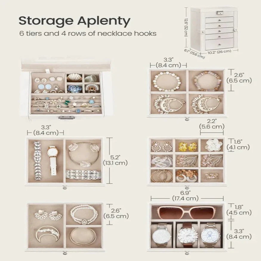 Jewelry Box Six Pull-Out Tiers Velvet-Lined Mirror & Locking