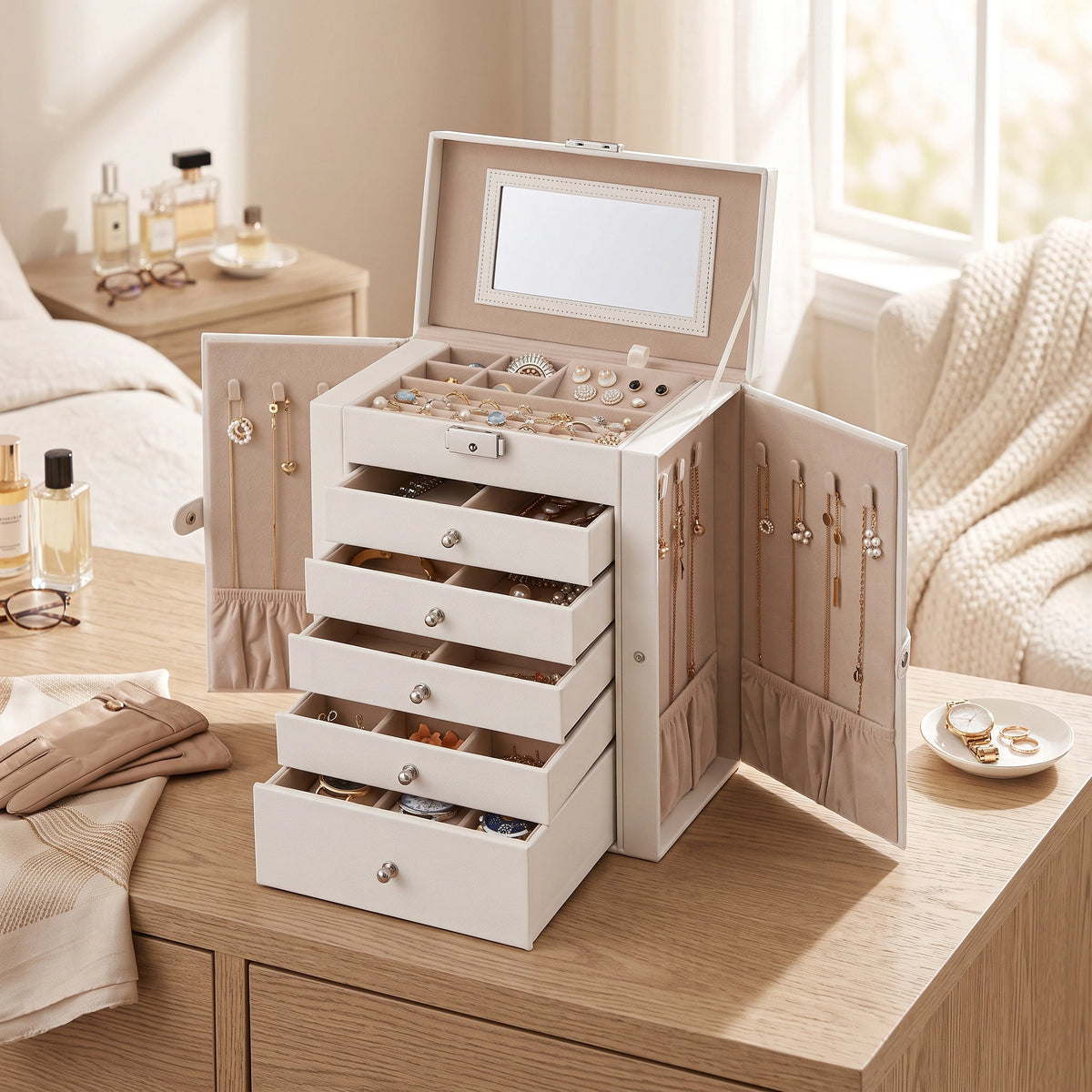 Jewelry Box Six Pull-Out Tiers Velvet-Lined Mirror & Locking