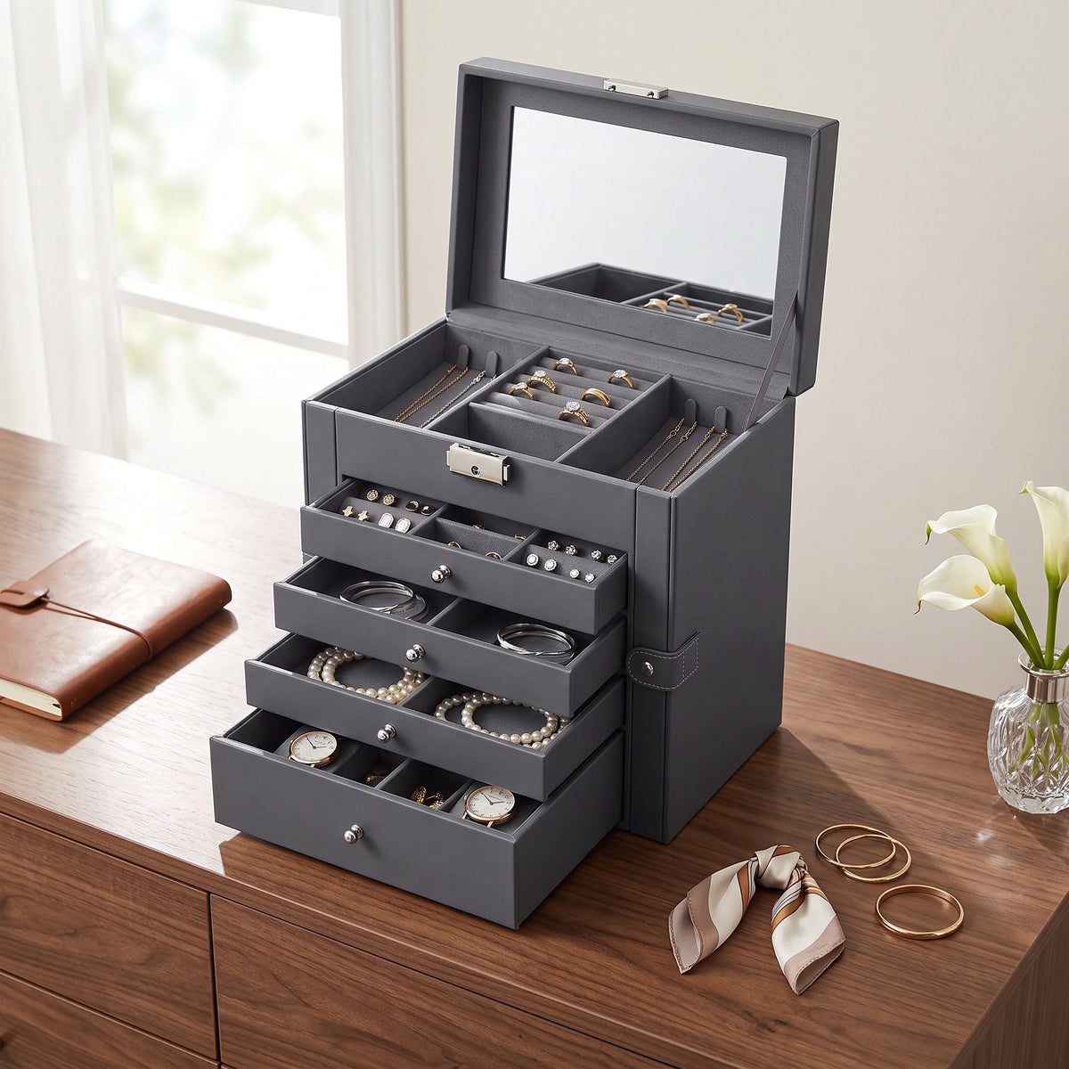 Jewelry Box Six Pull-Out Tiers Velvet-Lined Mirror & Locking