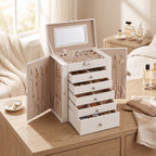 Jewelry Box Six Pull-Out Tiers Velvet-Lined Mirror & Locking