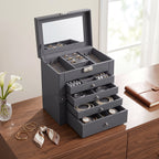 Jewelry Box Six Pull-Out Tiers Velvet-Lined Mirror & Locking