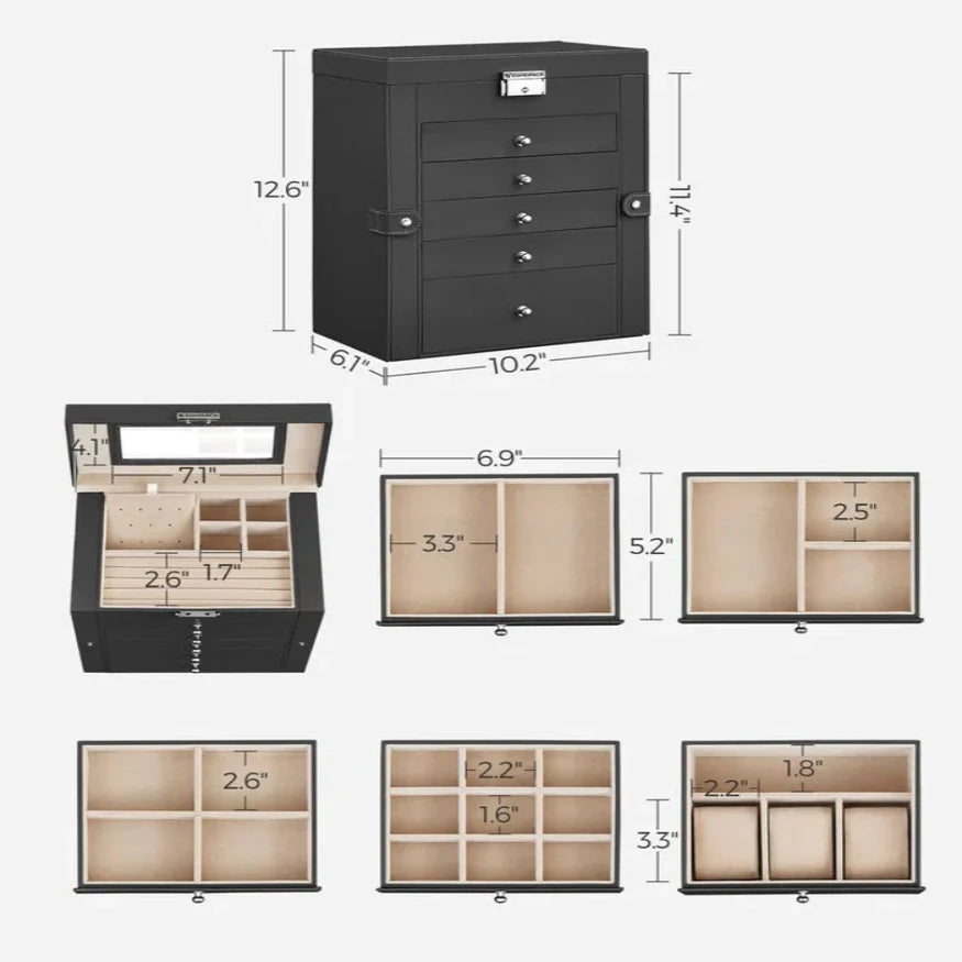 Jewelry Box Six Pull-Out Tiers Velvet-Lined Mirror & Locking