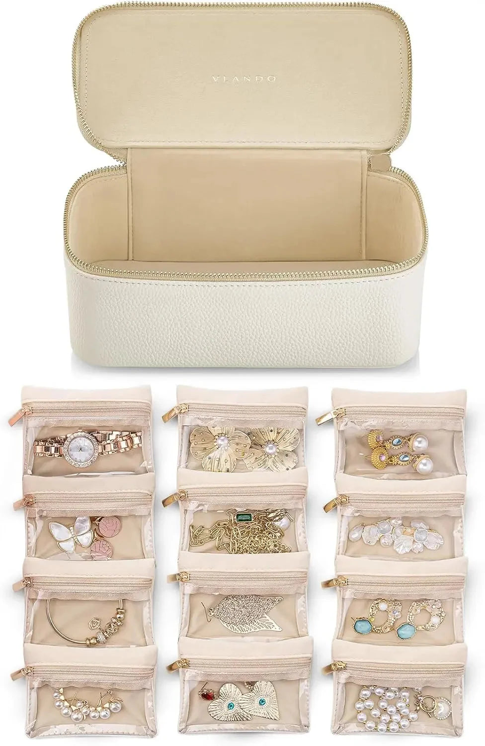 Jewelry Organizer Box Clear Zipper Pockets Flannel Lined