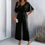 Jumpsuit V-Neck Draped Design Elastic Waistband Breathable Fabric