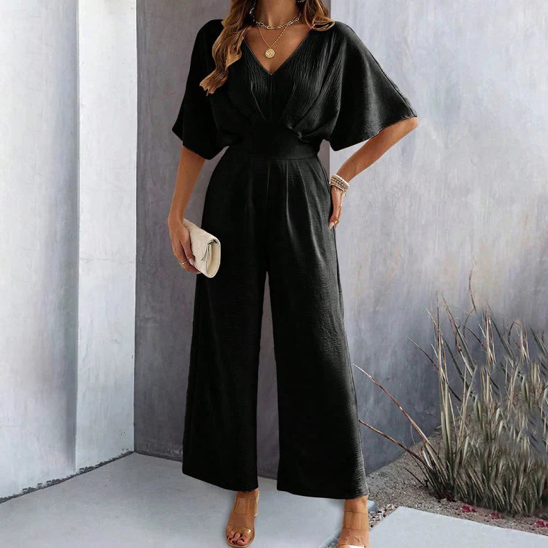 Jumpsuit V-Neck Draped Design Elastic Waistband Breathable Fabric