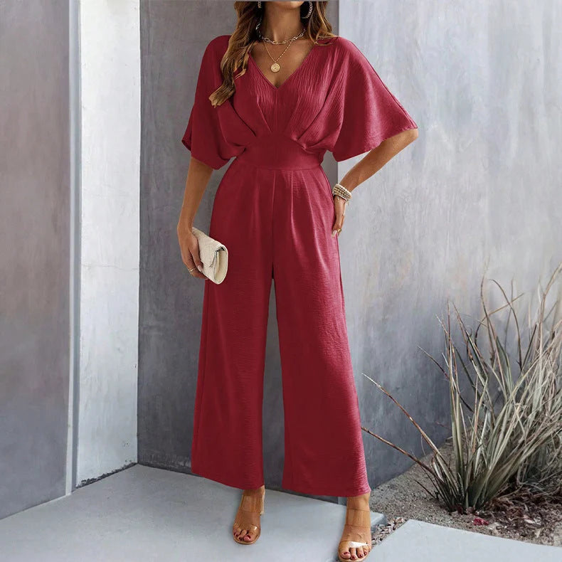 Jumpsuit V-Neck Draped Design Elastic Waistband Breathable Fabric