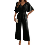 Jumpsuit V-Neck Draped Design Elastic Waistband Breathable Fabric
