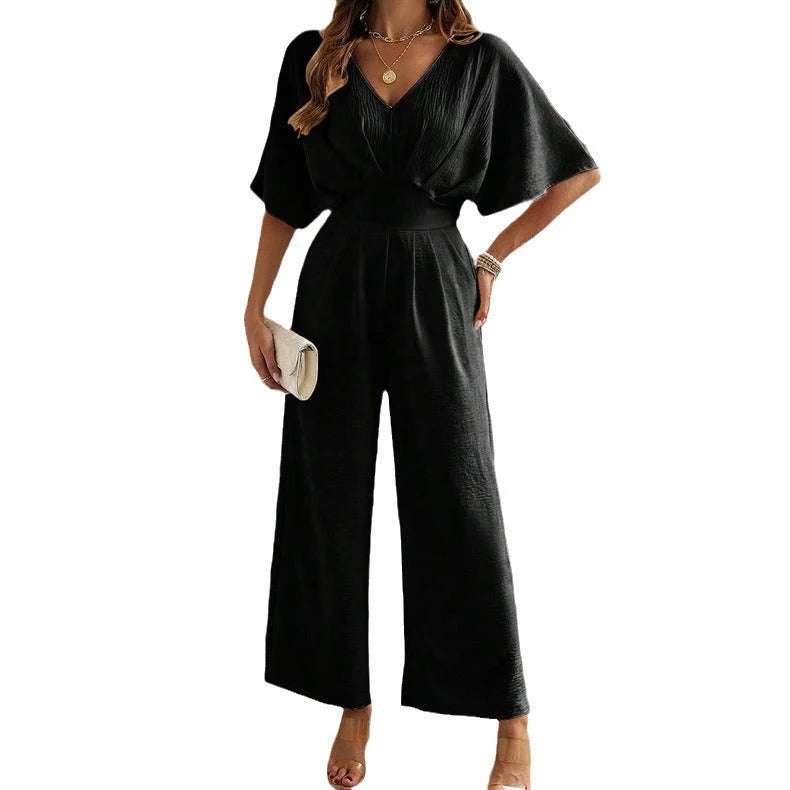 Jumpsuit V-Neck Draped Design Elastic Waistband Breathable Fabric