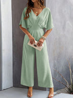 Jumpsuit V-Neck Draped Design Elastic Waistband Breathable Fabric