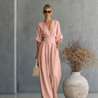 Jumpsuit V-Neck Draped Design Elastic Waistband Breathable Fabric