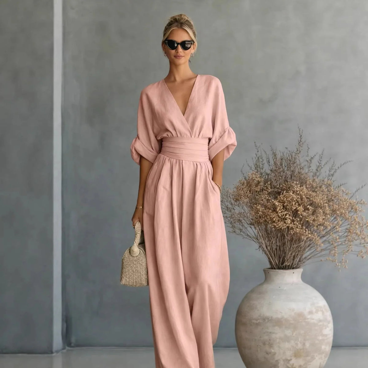 Jumpsuit V-Neck Draped Design Elastic Waistband Breathable Fabric