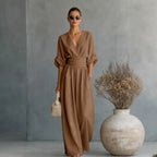 Jumpsuit V-Neck Draped Design Elastic Waistband Breathable Fabric