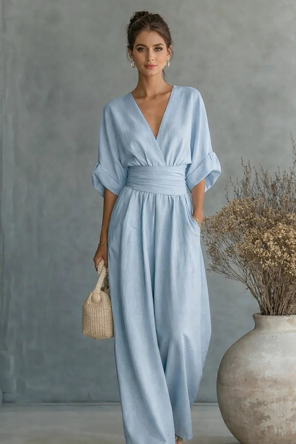 Jumpsuit V-Neck Draped Design Elastic Waistband Breathable Fabric