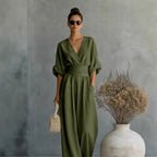Jumpsuit V-Neck Draped Design Elastic Waistband Breathable Fabric