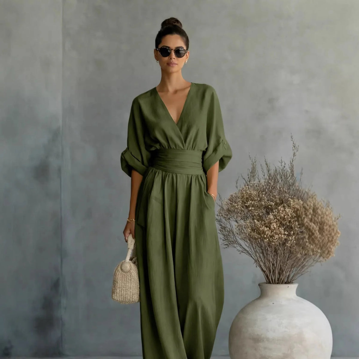 Jumpsuit V-Neck Draped Design Elastic Waistband Breathable Fabric
