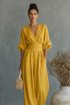 Jumpsuit V-Neck Draped Design Elastic Waistband Breathable Fabric