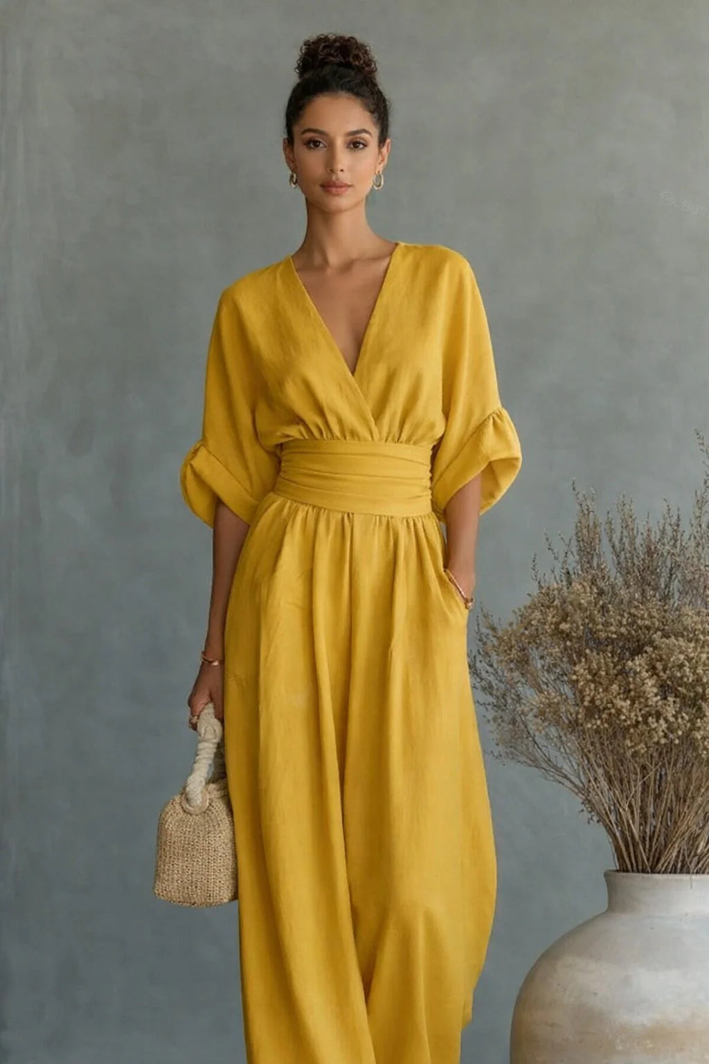 Jumpsuit V-Neck Draped Design Elastic Waistband Breathable Fabric