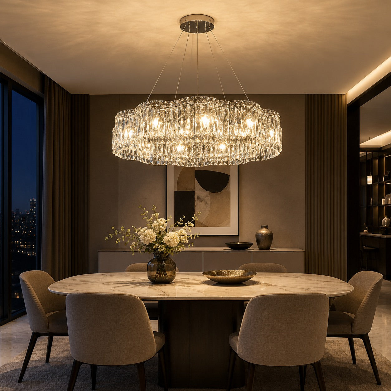 K9 Crystal & Stainless Steel LED Chandelier (Adjustable Height)