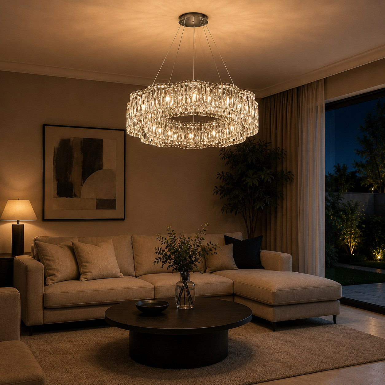 K9 Crystal & Stainless Steel LED Chandelier (Adjustable Height)