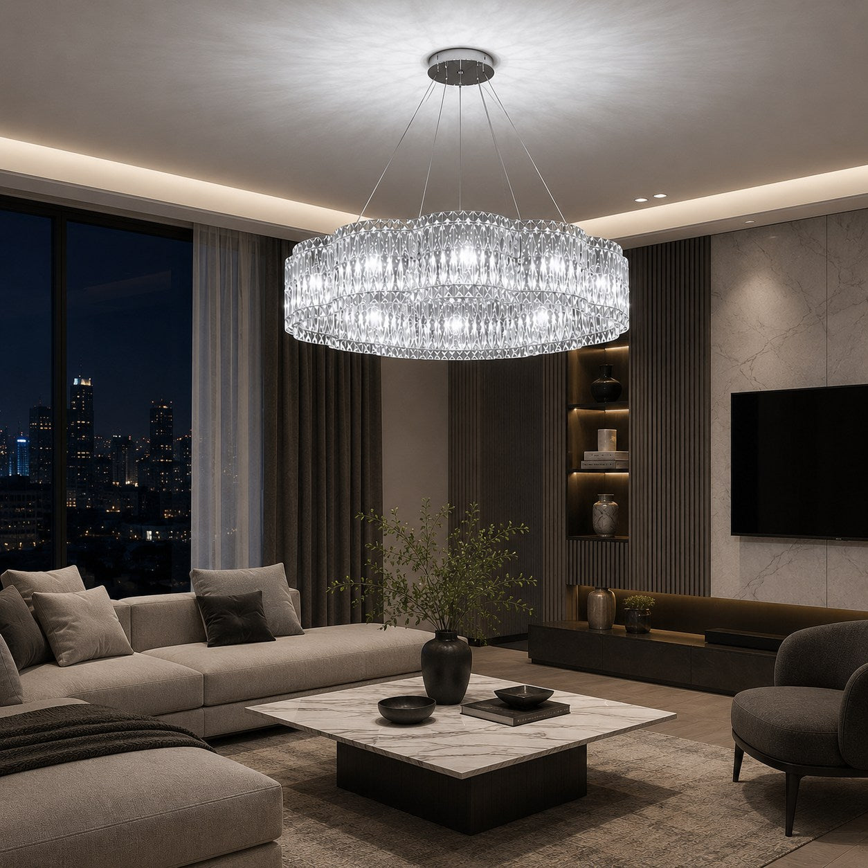 K9 Crystal & Stainless Steel LED Chandelier (Adjustable Height)