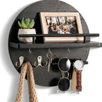 Key Holder Wall-Mounted Round Wood Shelf & Hooks
