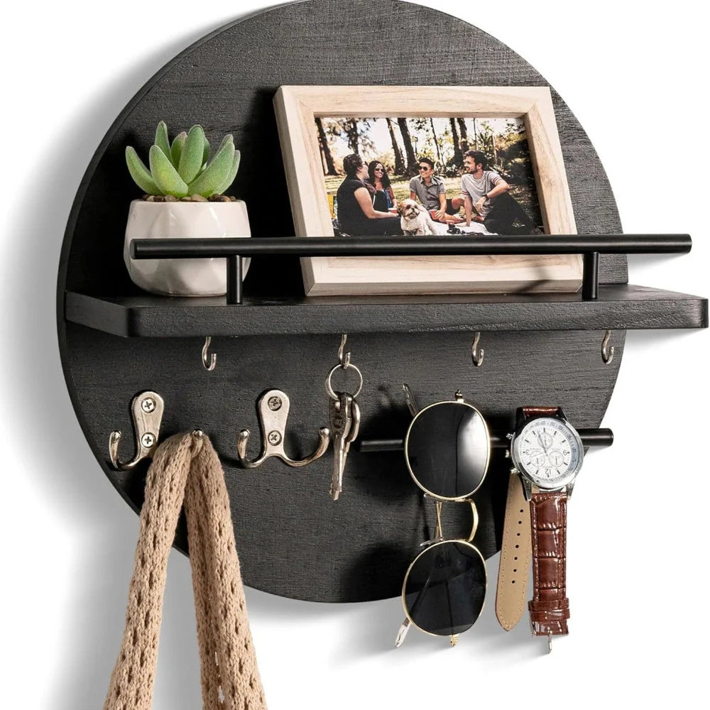 Key Holder Wall-Mounted Round Wood Shelf & Hooks
