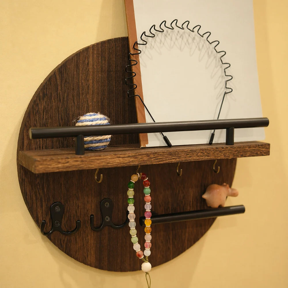 Key Holder Wall-Mounted Round Wood Shelf & Hooks