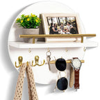 Key Holder Wall-Mounted Round Wood Shelf & Hooks
