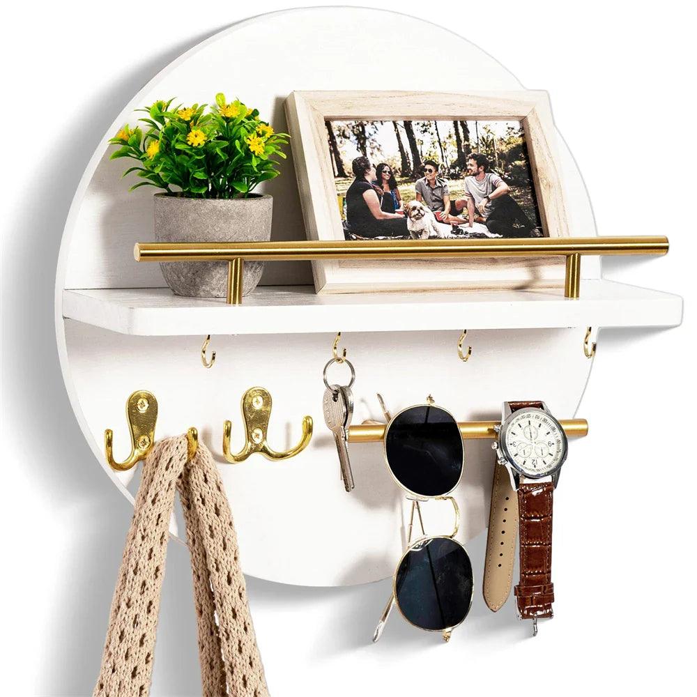 Key Holder Wall-Mounted Round Wood Shelf & Hooks