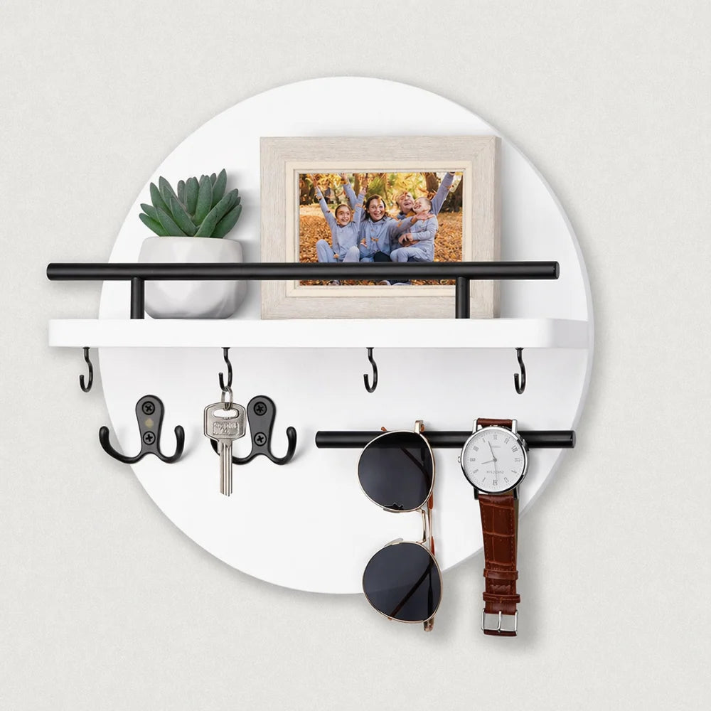 Key Holder Wall-Mounted Round Wood Shelf & Hooks