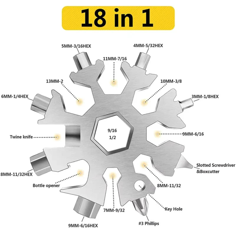 Keychain Multitool 18-in-1 Snowflake Wrenches & Screwdrivers