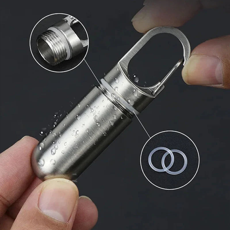 Keychain Pill Box Stainless Steel Airtight Seal