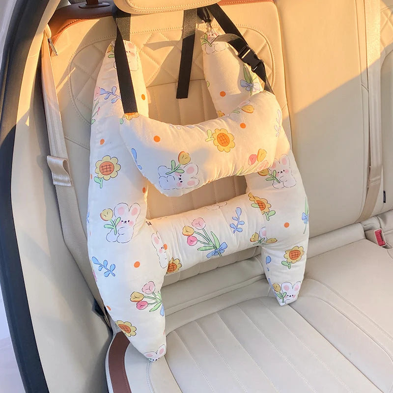 Kids Car Neck Pillow Ergonomic Cotton Blend Adjustable Straps