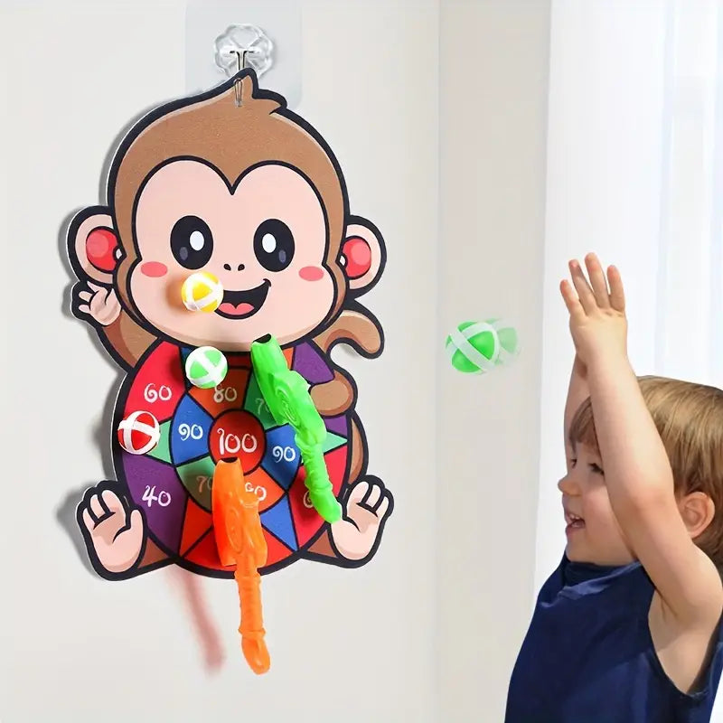 Kids Dartboard Game Monkey Design Sticky Balls & Foam Axes
