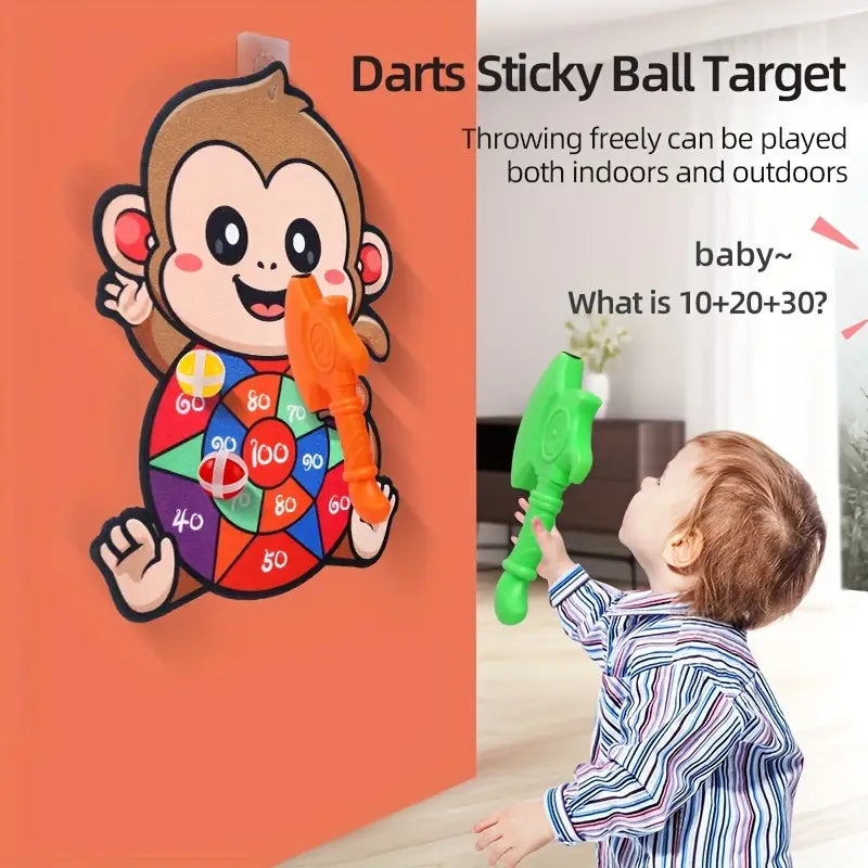 Kids Dartboard Game Monkey Design Sticky Balls & Foam Axes