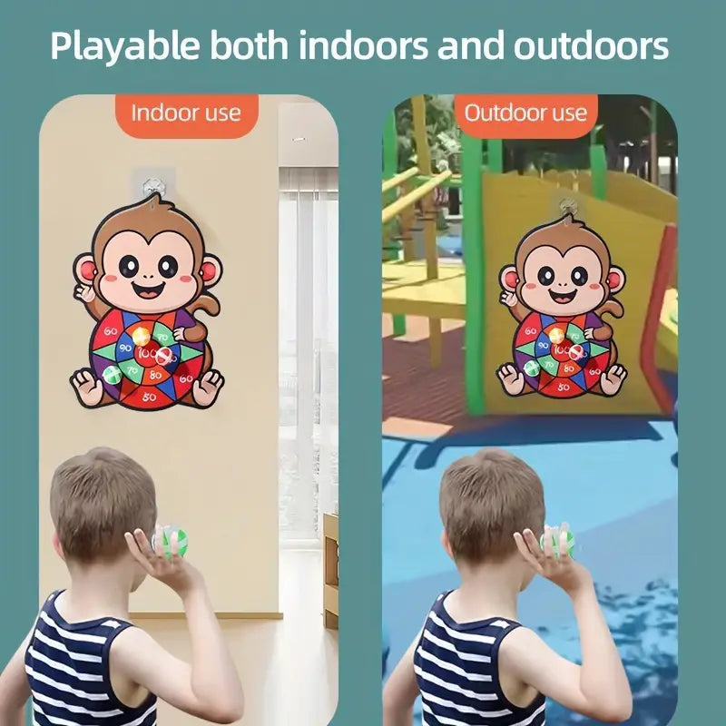 Kids Dartboard Game Monkey Design Sticky Balls & Foam Axes