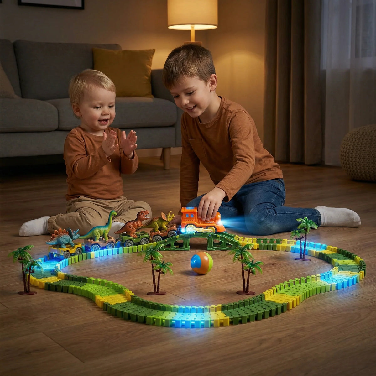 Kids Dinosaur Track Set Snap-Together & LED Train