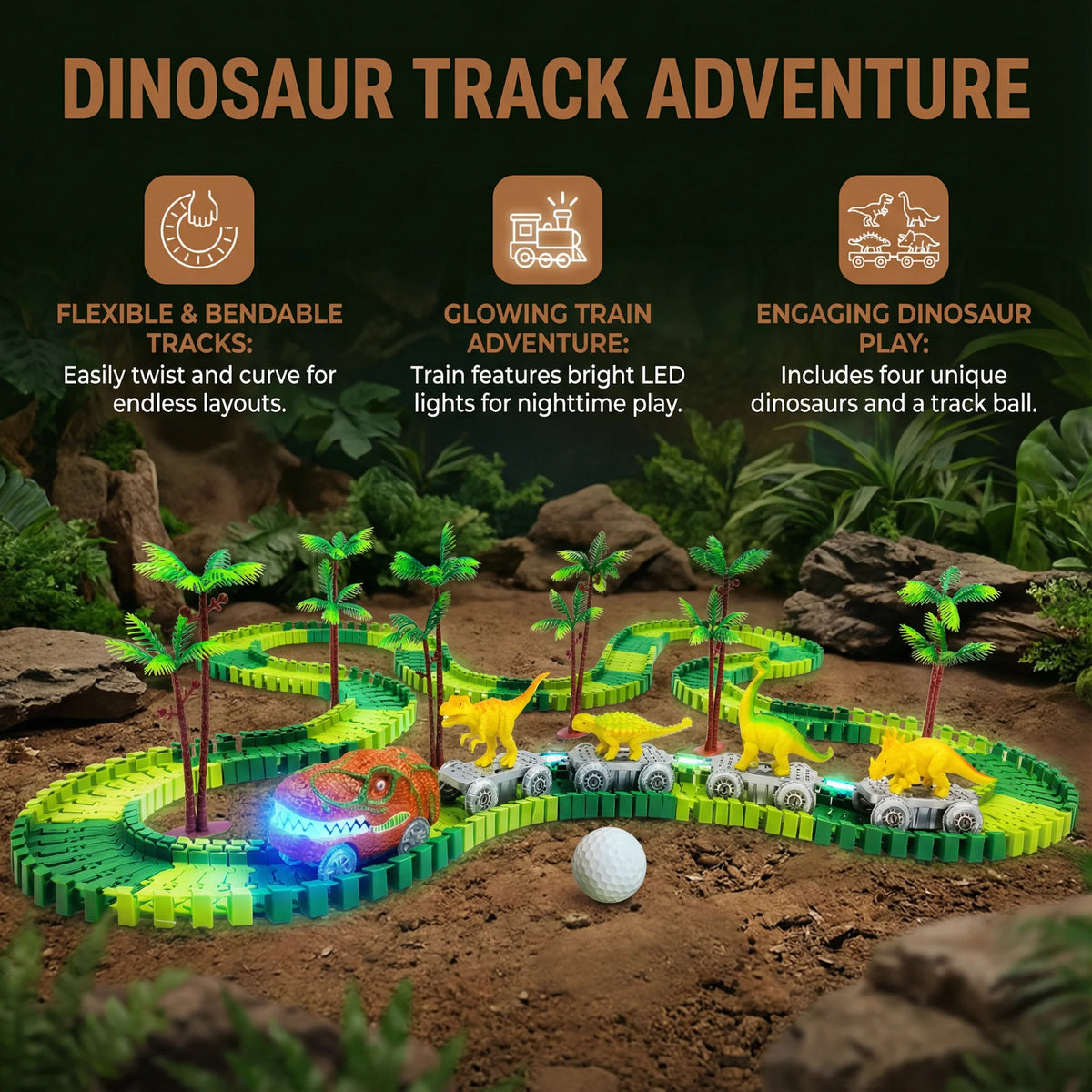 Kids Dinosaur Track Set Snap-Together & LED Train