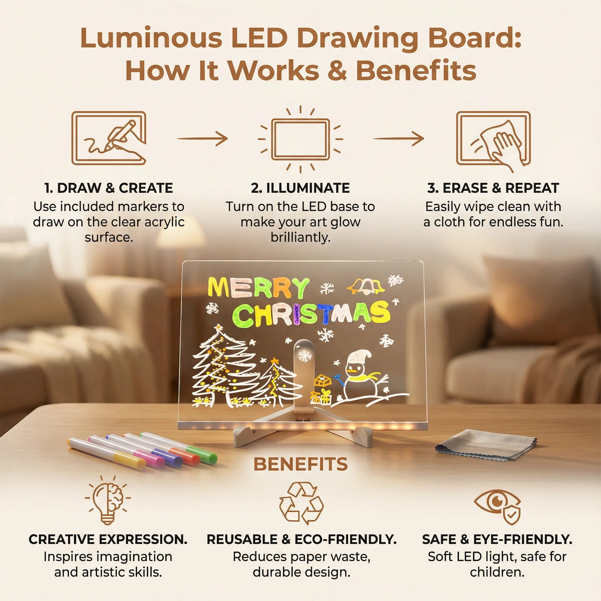 Kids Drawing Board USB Rechargeable LED Reusable