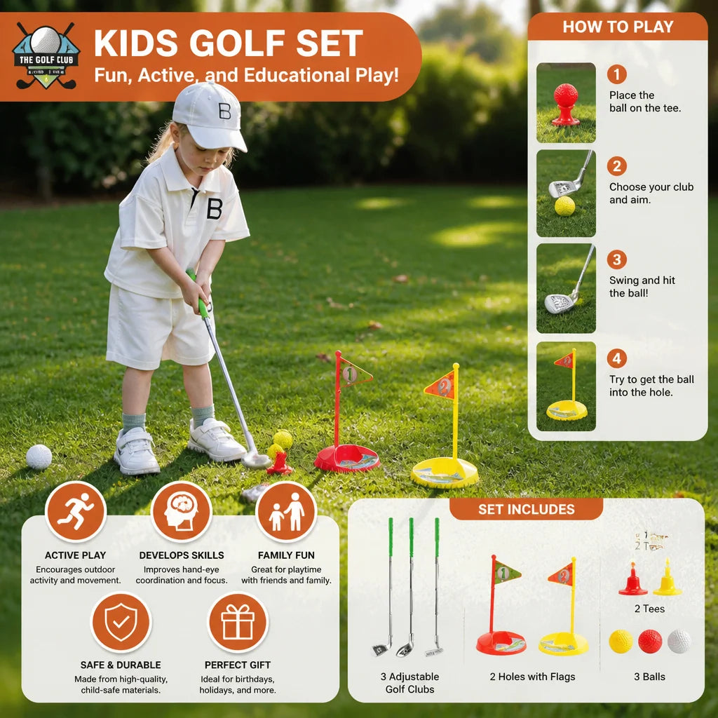 Kids Golf Set Height-Adjustable Clubs 2 Flags & Balls