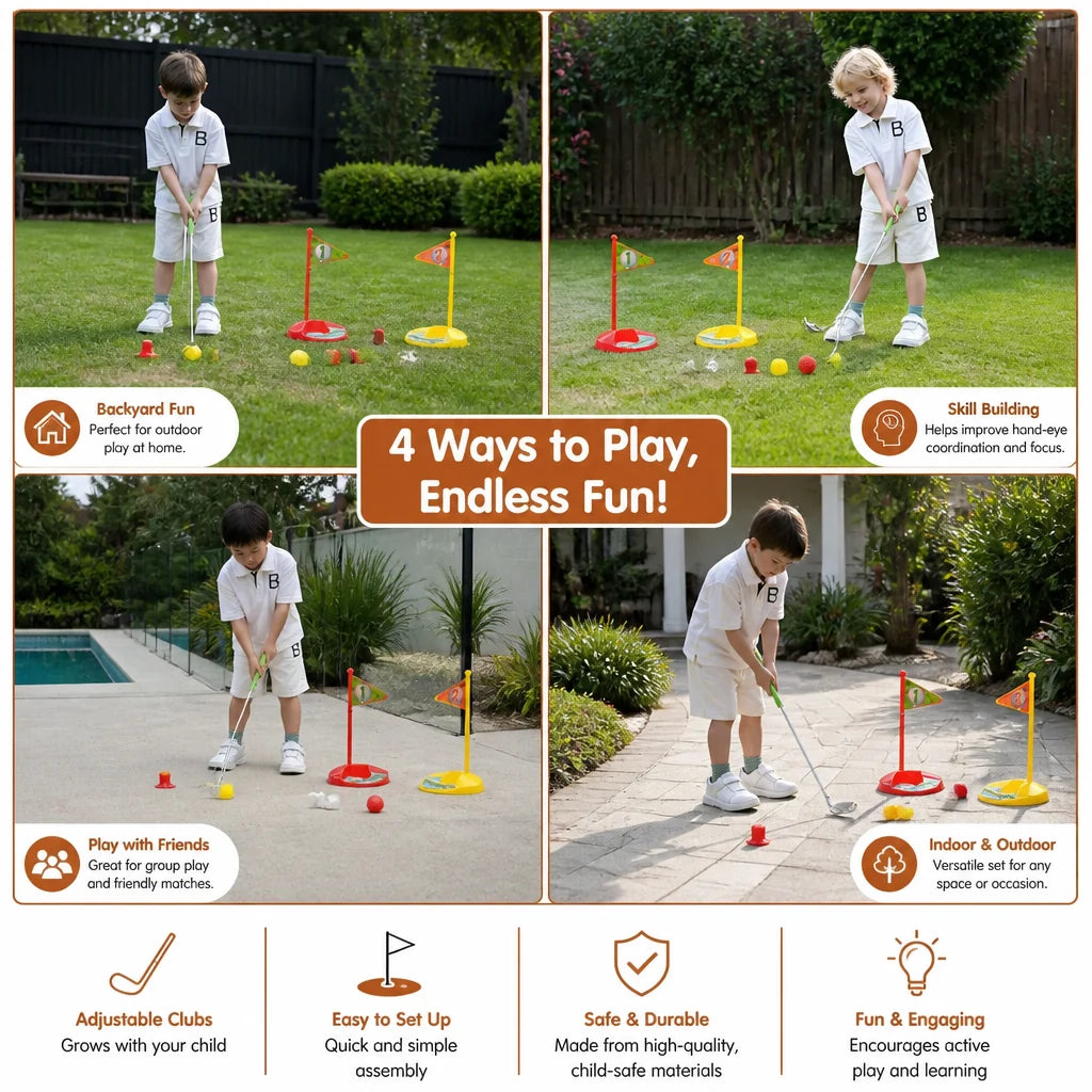 Kids Golf Set Height-Adjustable Clubs 2 Flags & Balls