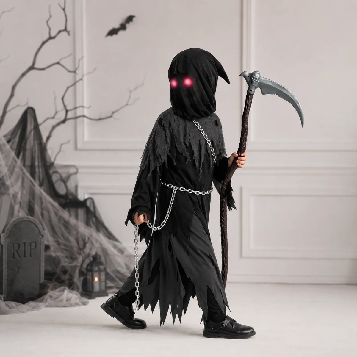 Kids Grim Reaper Costume Glowing Red Eyes Complete Set